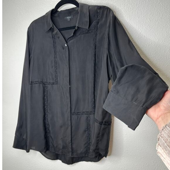 Rails Mona in Black Crepe Lace Long Sleeve Button Collared Shirt L - Picture 6 of 16